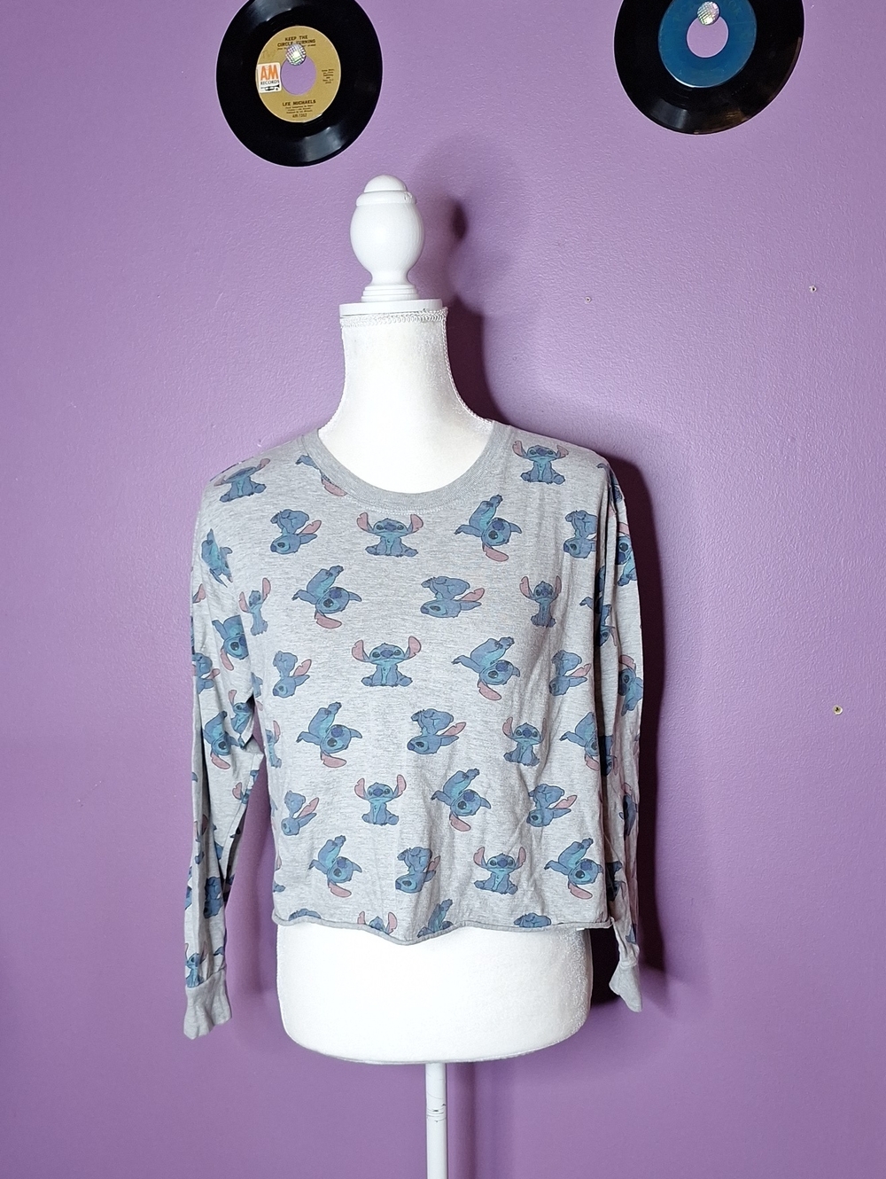 Disney Gray Long-Sleeve Crop Top Tee with Blue Stitch Print